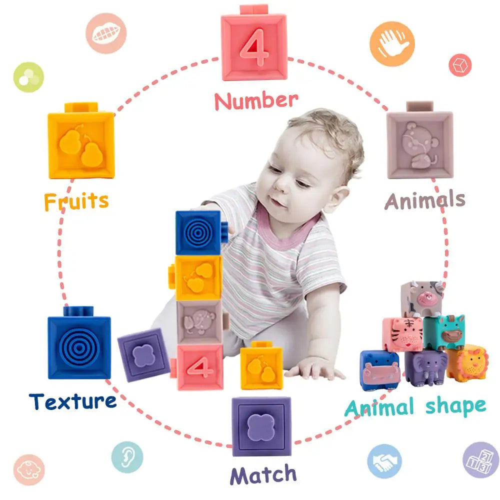 12pcs Baby Sensory Toys Building Silicone Blocks Grasp Toy 3D Silicone Building Blocks