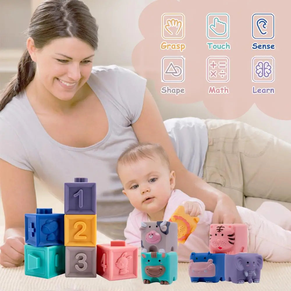 12pcs Baby Sensory Toys Building Silicone Blocks Grasp Toy 3D Silicone Building Blocks
