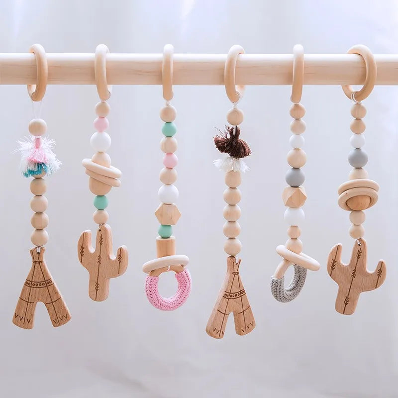 Baby Toys Wooden Play Gym Hanging Mobile Bed Holder Star Pendant Stroller Baby Toy Bell Wood Rattle Ring Newborn Toy