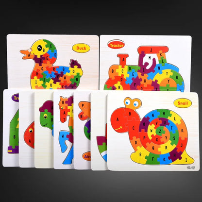 Kids Intelligence Baby Toy Wood Puzzles Cognition English Letter Building Wooden Animal Jigsaw Puzzle Toys for Children Toddler