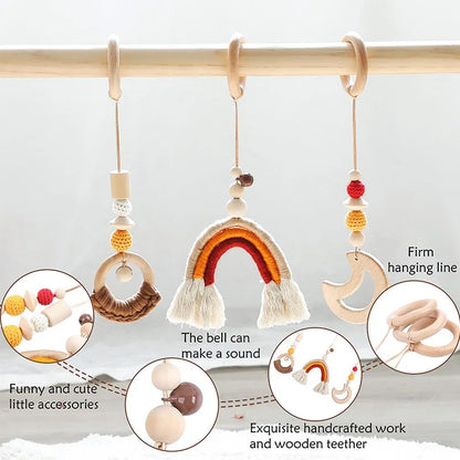 Baby Toys Wooden Play Gym Hanging Mobile Bed Holder Star Pendant Stroller Baby Toy Bell Wood Rattle Ring Newborn Toy
