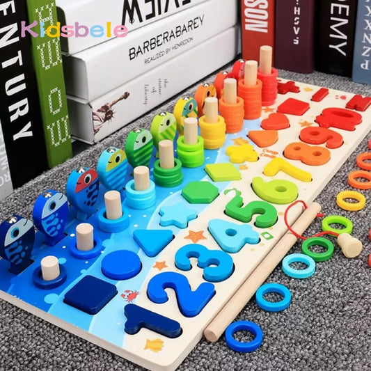 Kids Montessori Math Toys For Toddlers Educational Wooden Puzzle Fishing Toys Count Number Shape Matching Sorter Games Board